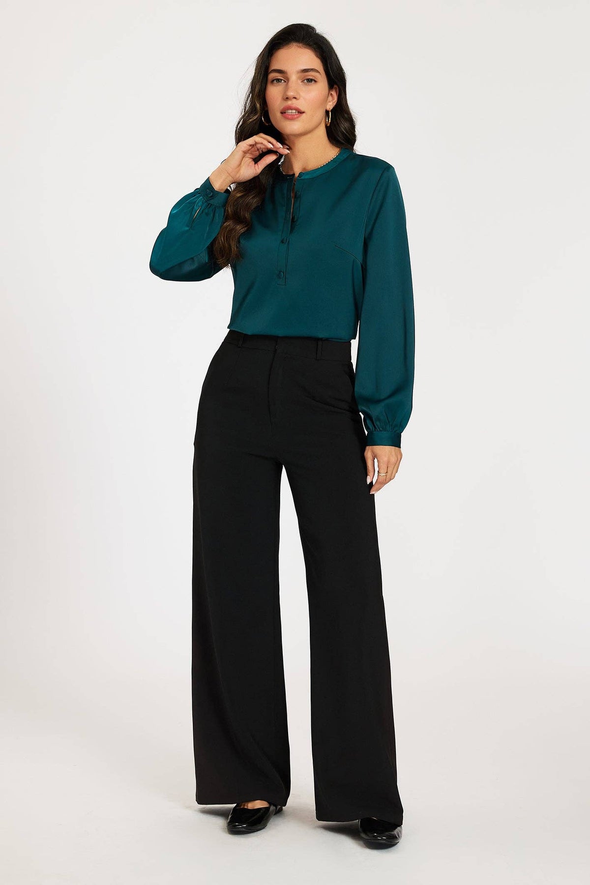 Satin blouse with stand-up collar and button placket Teal
