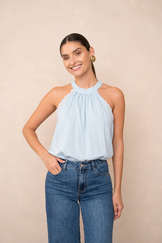 Top with bow neckline containing linen: Sky Blue