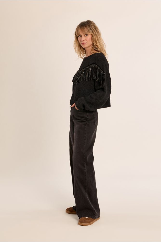 Fringed sweater with rhinestone in black