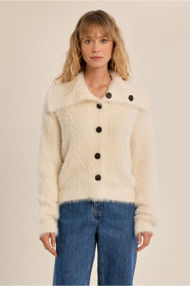 Fluffy knit Cardi with stand up collar in cream