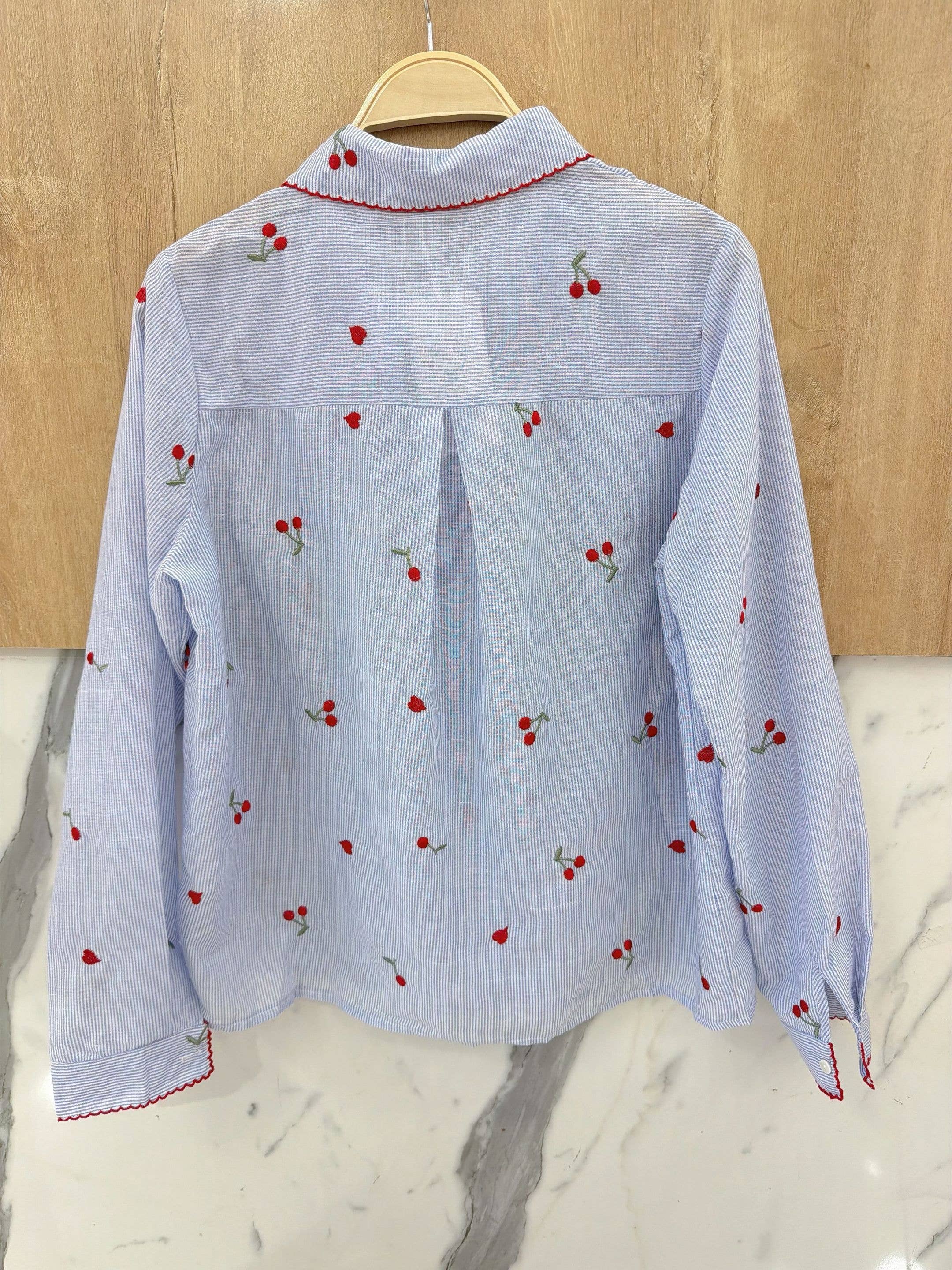 Striped 100% Cotton Shirt with Cherry Embroidery Blue