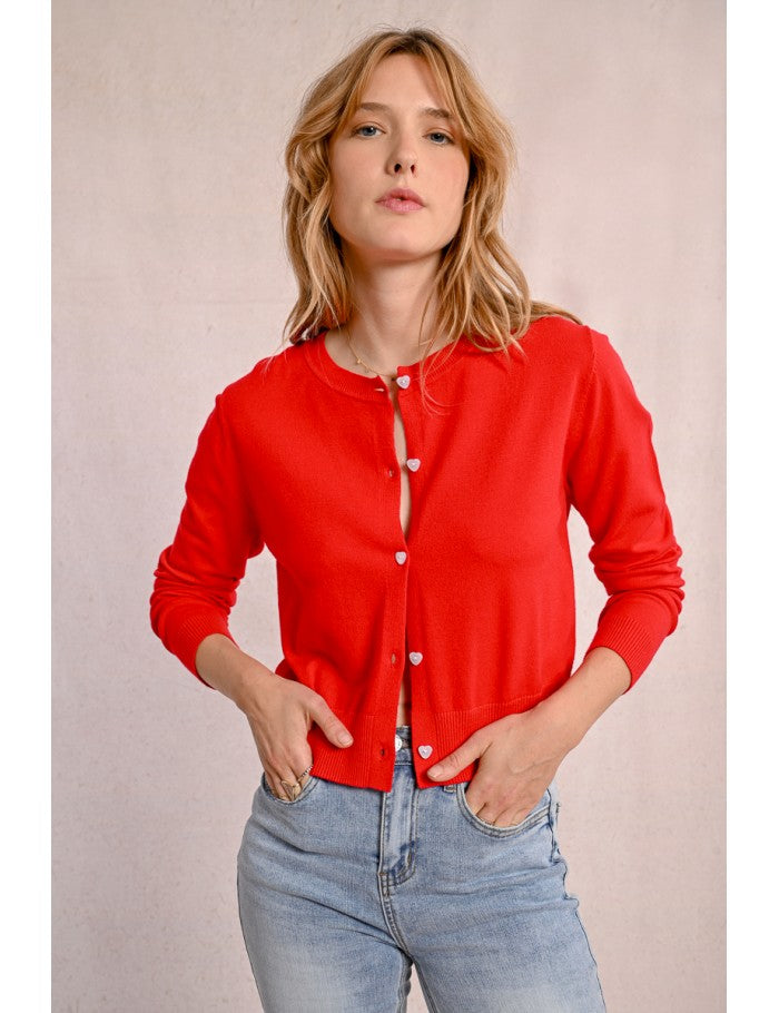 Light button front Cardi in red