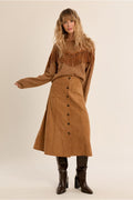 Fringed sweater with rhinestone in camel