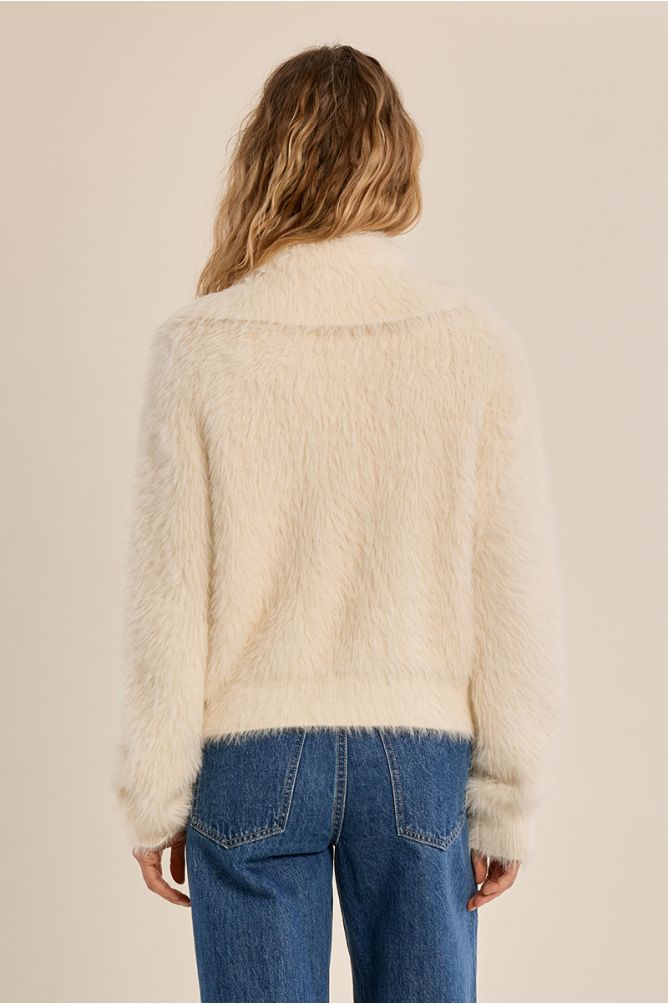 Fluffy knit Cardi with stand up collar in cream