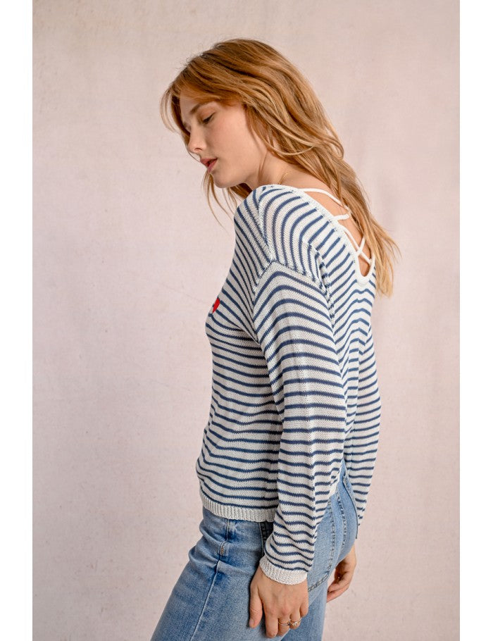 Denim blue and white striped knit