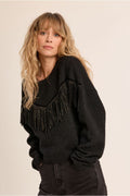Fringed sweater with rhinestone in black