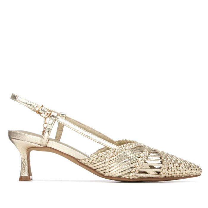 Gold low heel woven sling back