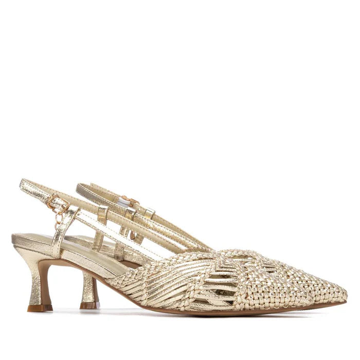 Gold low heel woven sling back