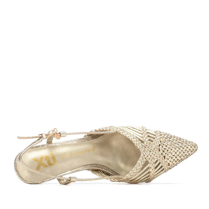 Gold low heel woven sling back