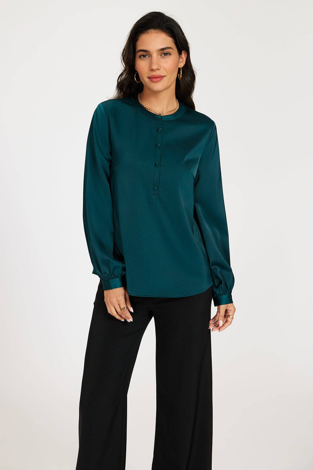 Satin blouse with stand-up collar and button placket Teal