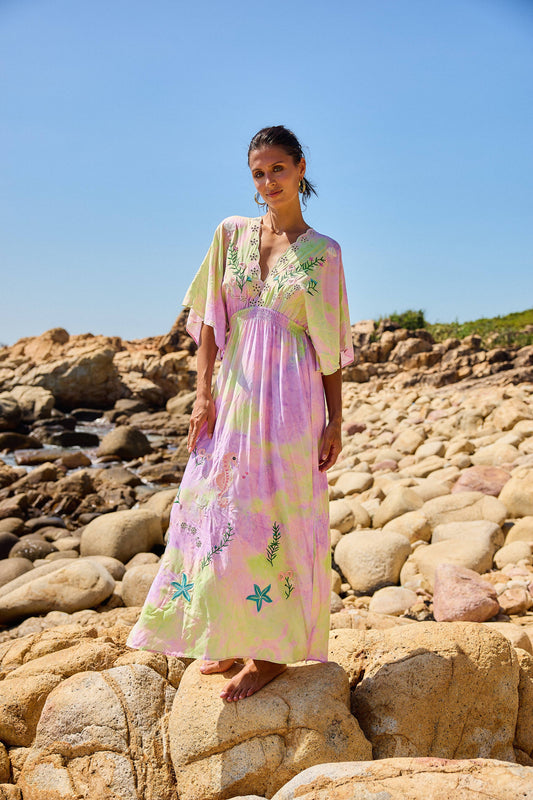 Maxi long dress with floral embroidery