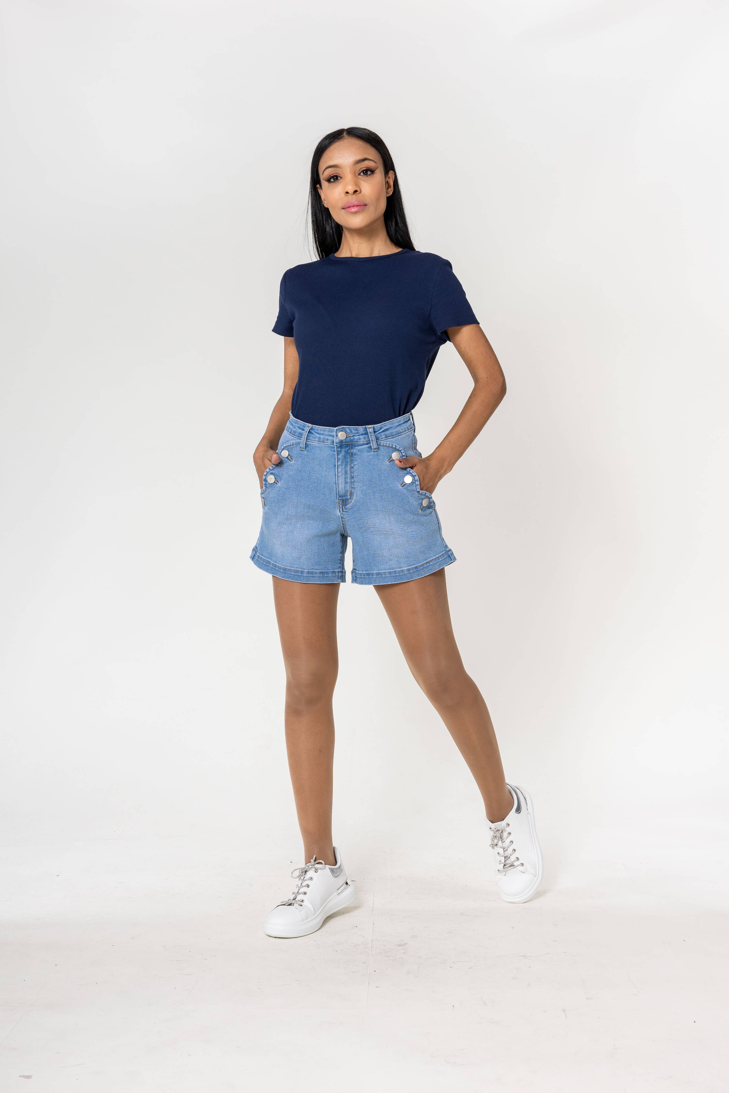 Denim High Waisted Stretch Denim Shorts Light Blue