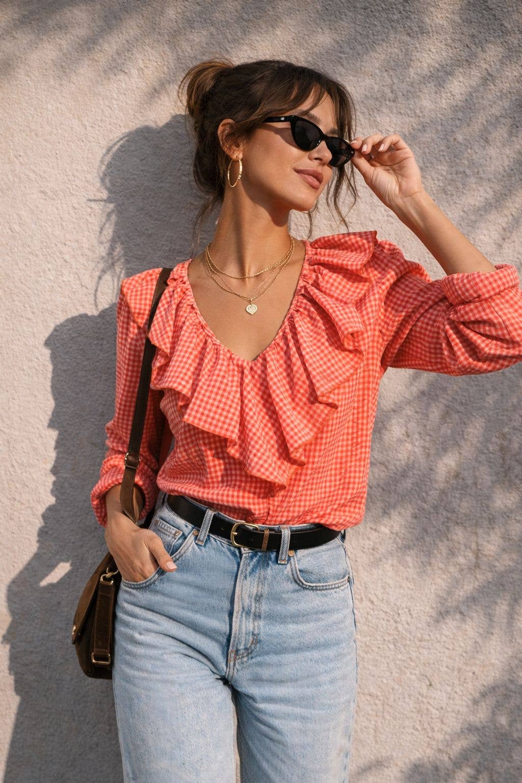 Pink gingham blouse with ruffles: ORANGE