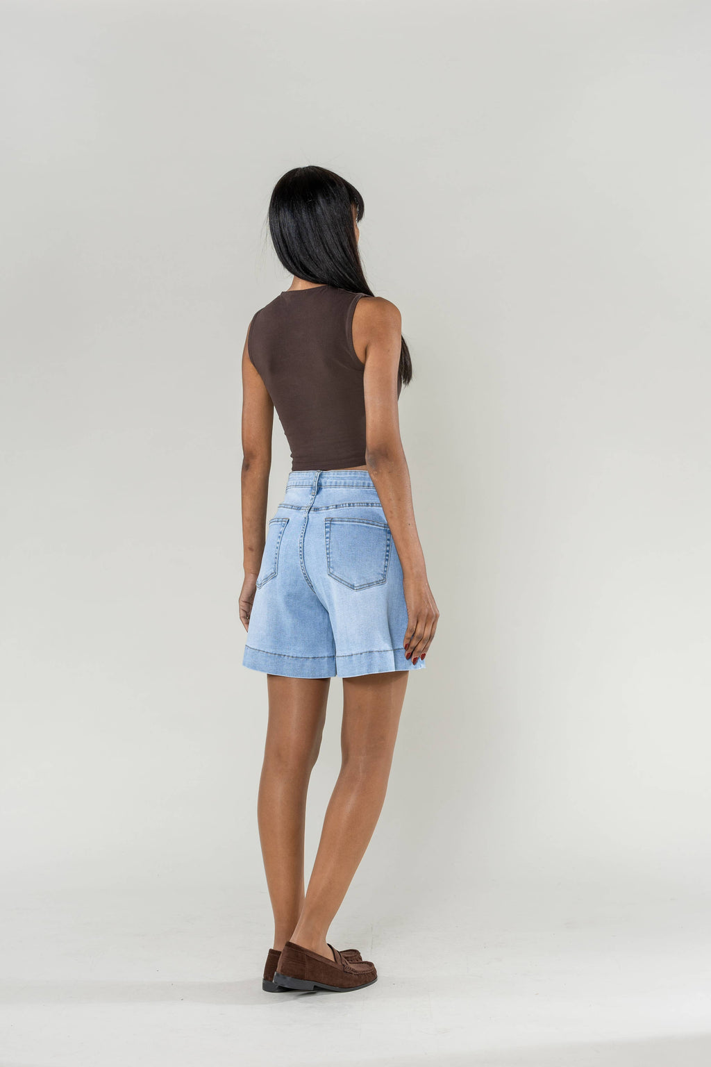 High-waisted stretch denim mid-thigh long shorts