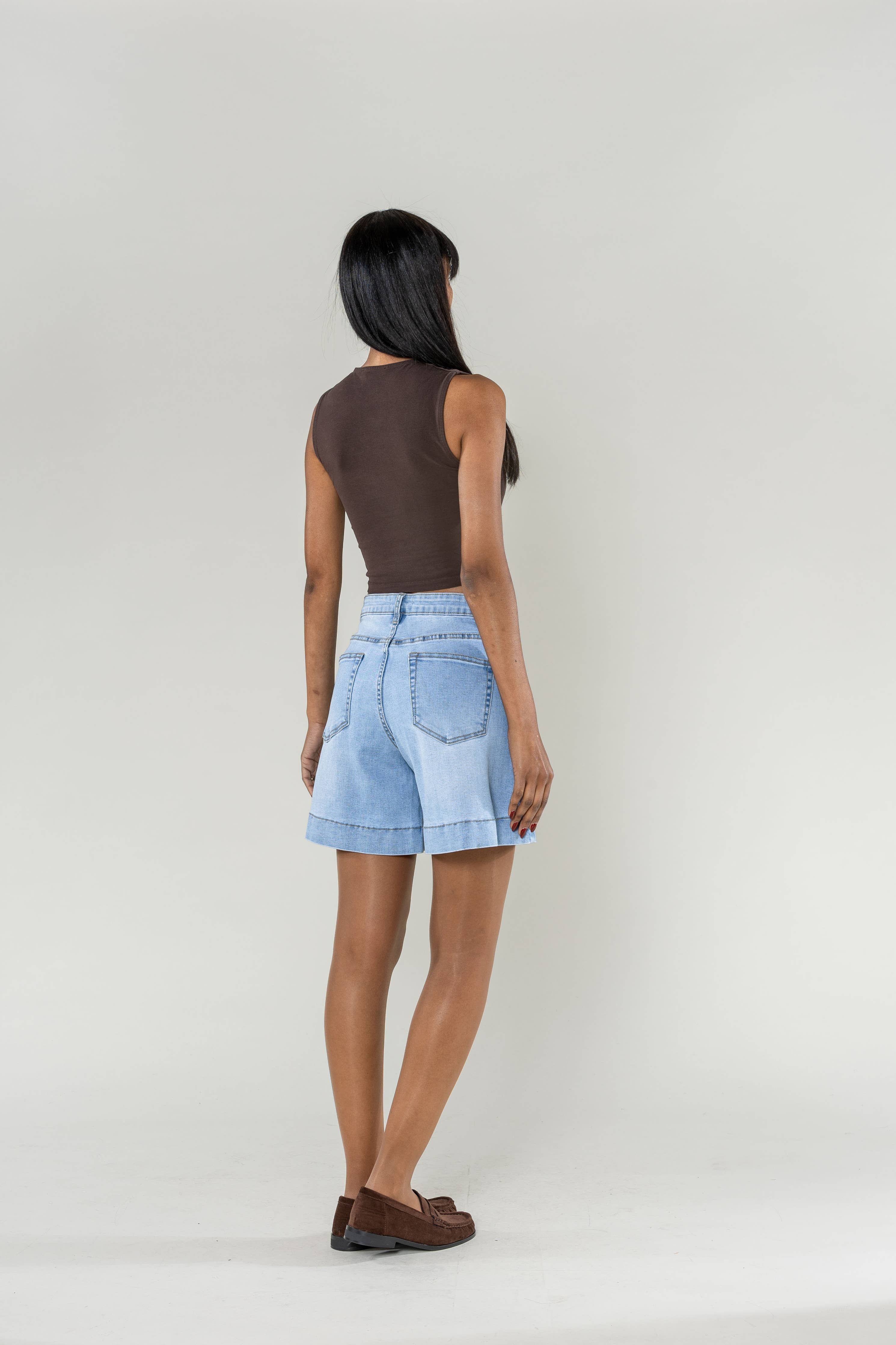 High-waisted stretch denim mid-thigh long shorts