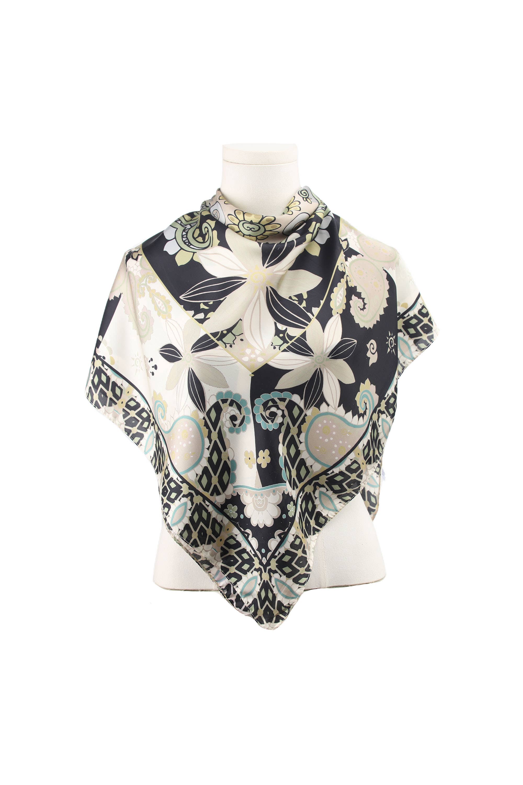 Printed Satin Square Floral & Paisley: Green