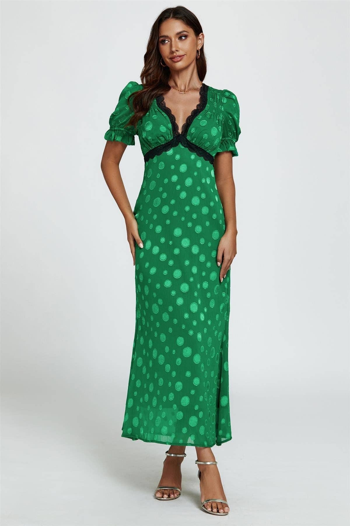Polka Dot Jacquard Lace Trim Midi Dress In Green