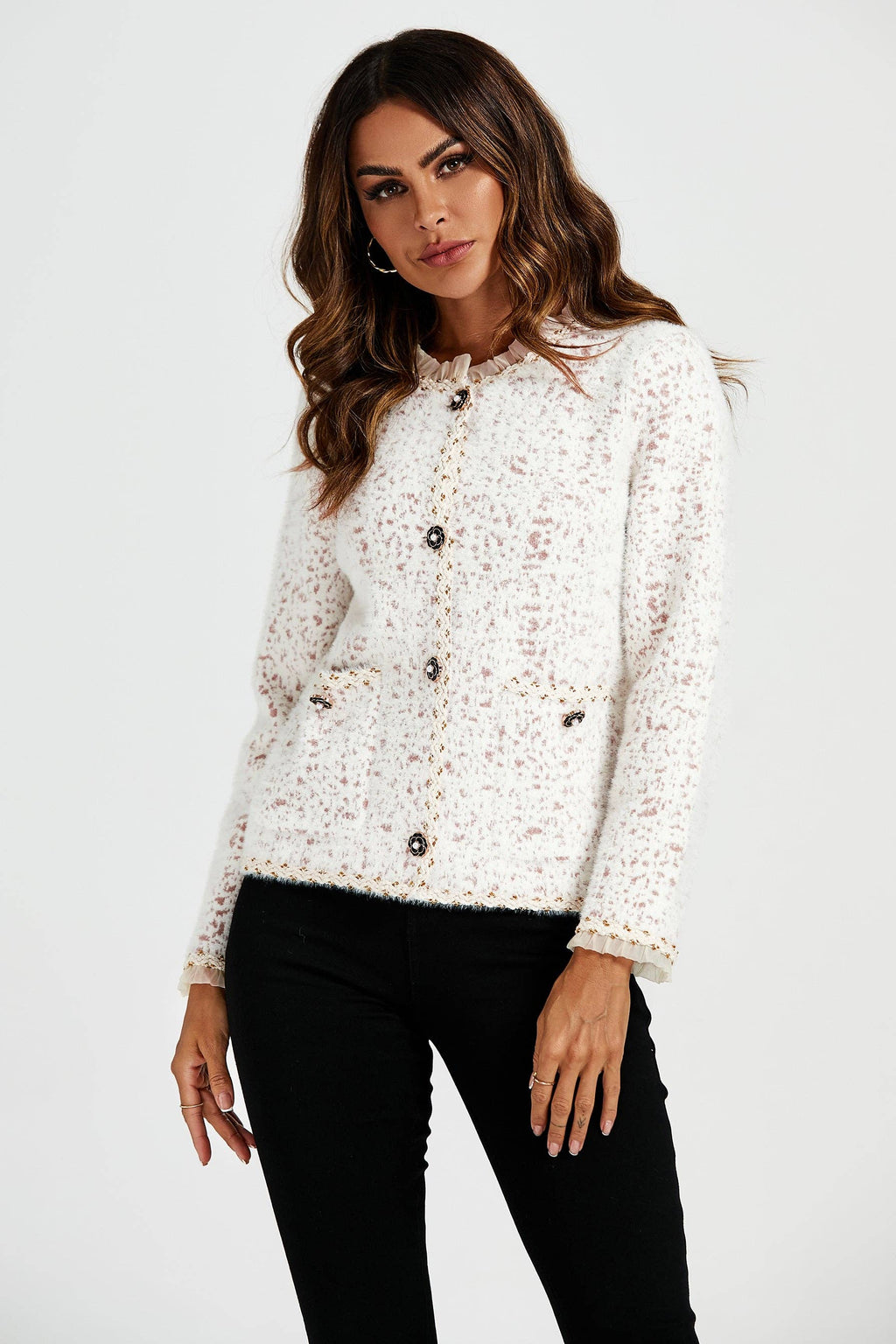 Leopard Pattern Lace Trim Boucle Jacket in Cream