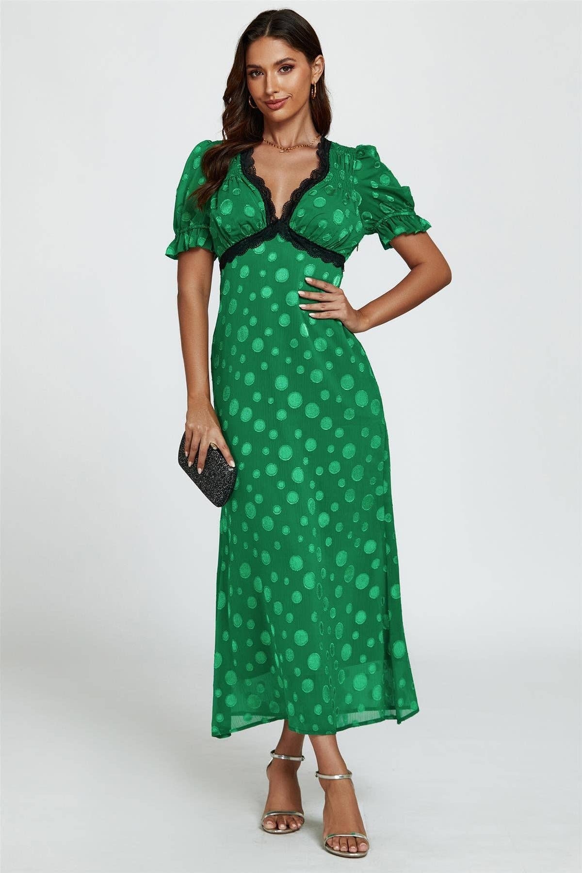 Polka Dot Jacquard Lace Trim Midi Dress In Green