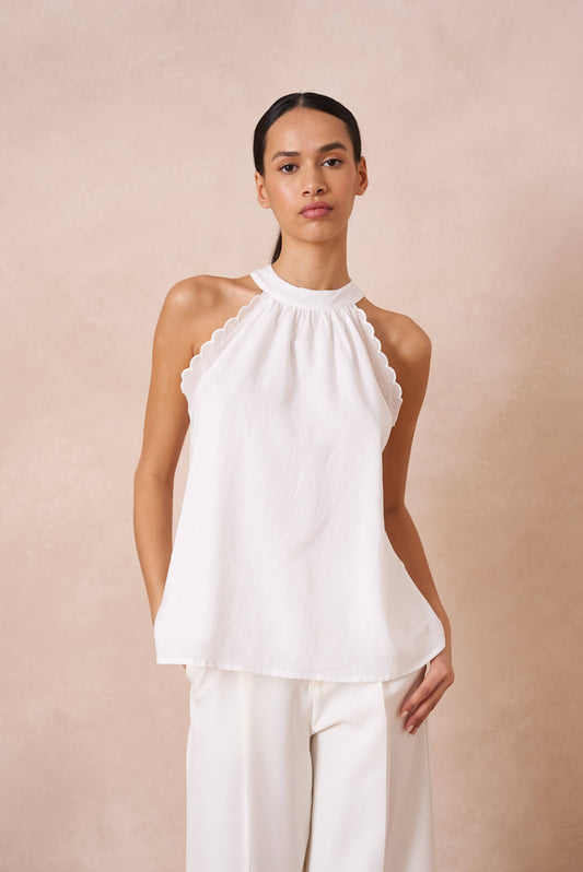 Top with bow neckline containing linen: white