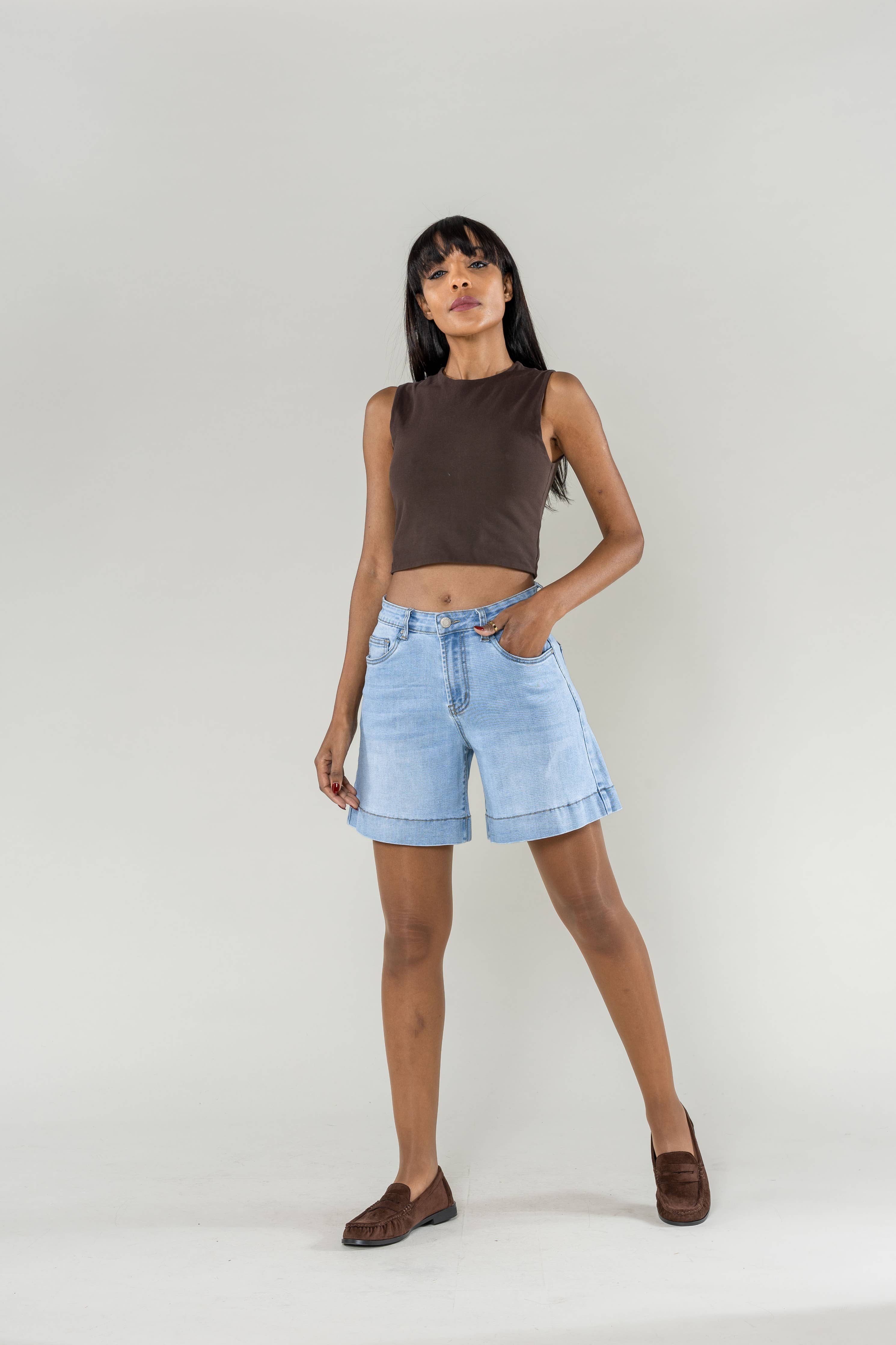 High-waisted stretch denim mid-thigh long shorts