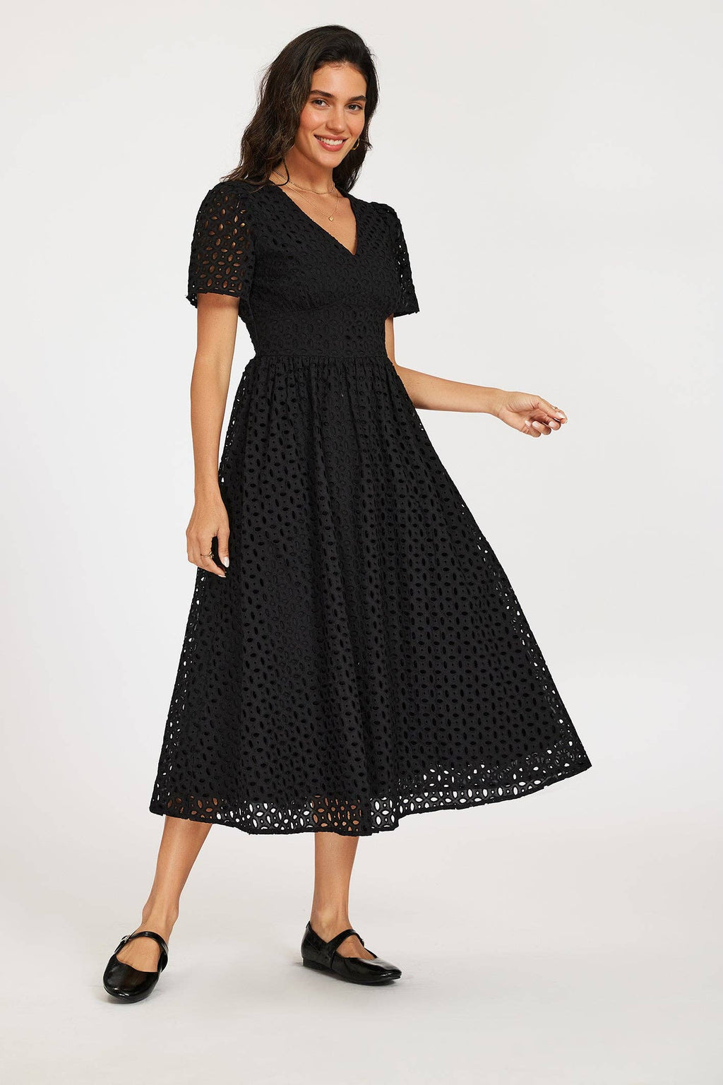 Midi dress with embroidery in black