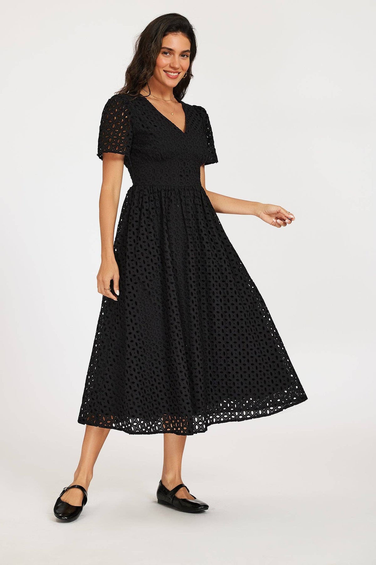 Midi dress with embroidery in black