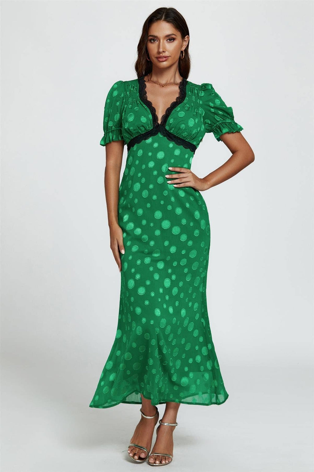 Polka Dot Jacquard Lace Trim Midi Dress In Green