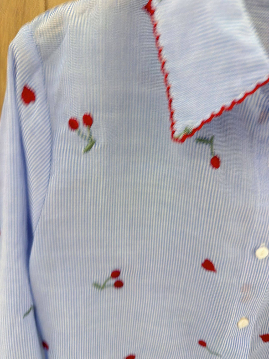 Striped 100% Cotton Shirt with Cherry Embroidery Blue