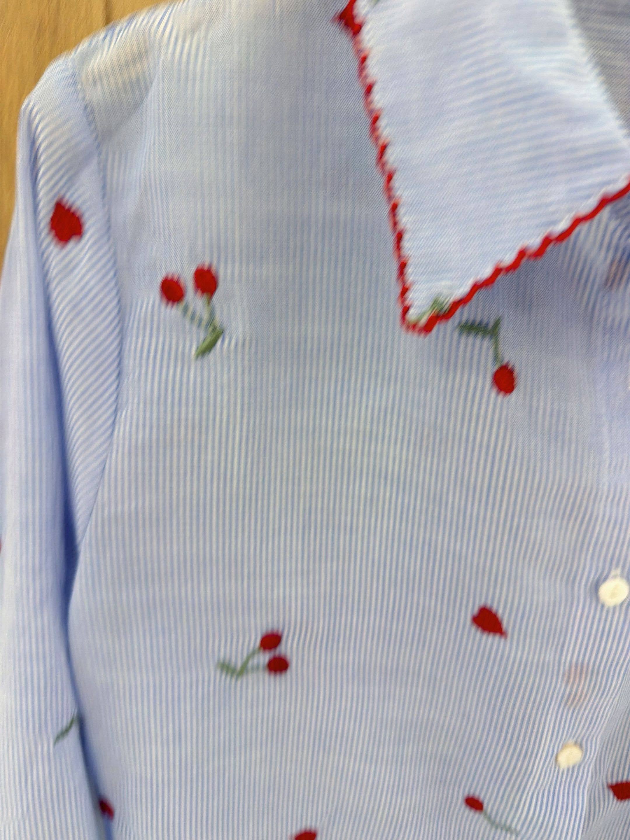Striped 100% Cotton Shirt with Cherry Embroidery Blue