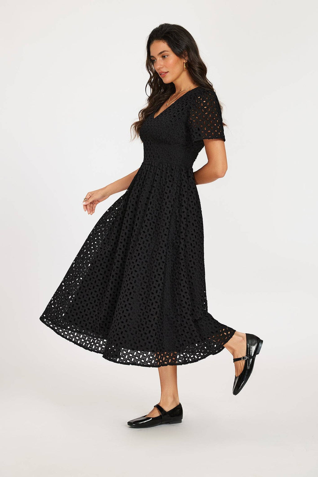 Midi dress with embroidery in black