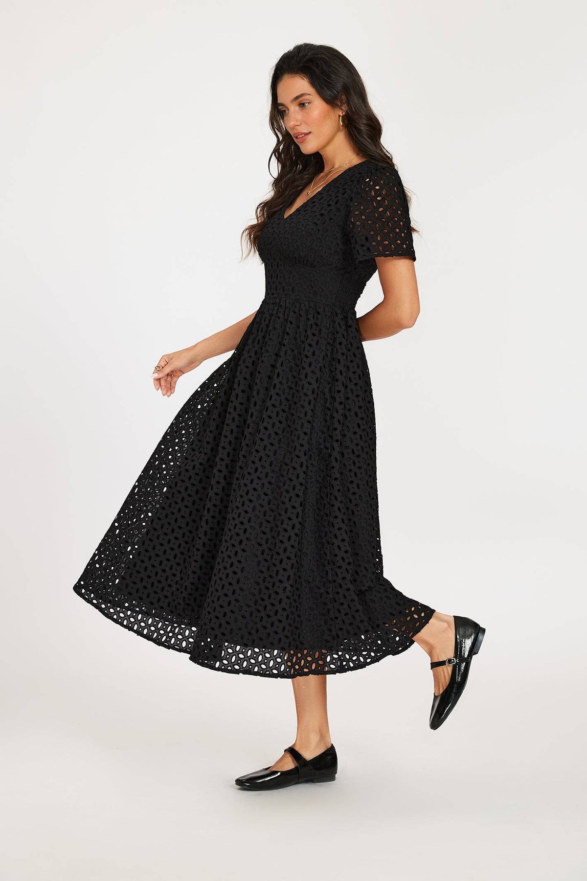 Midi dress with embroidery in black