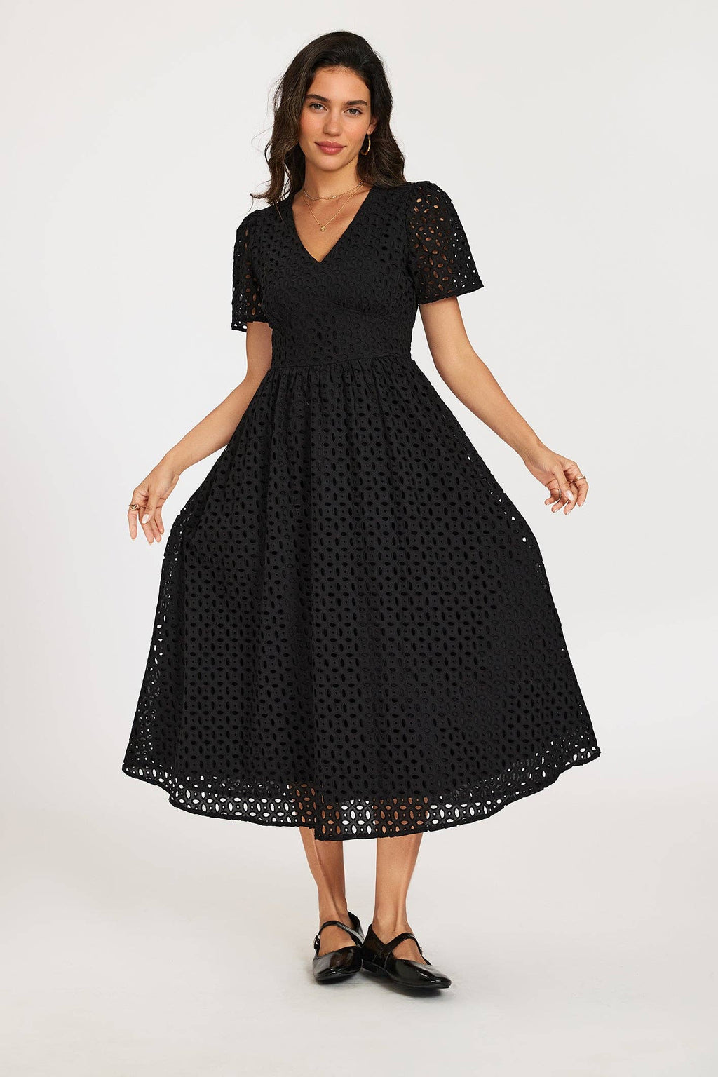 Midi dress with embroidery in black