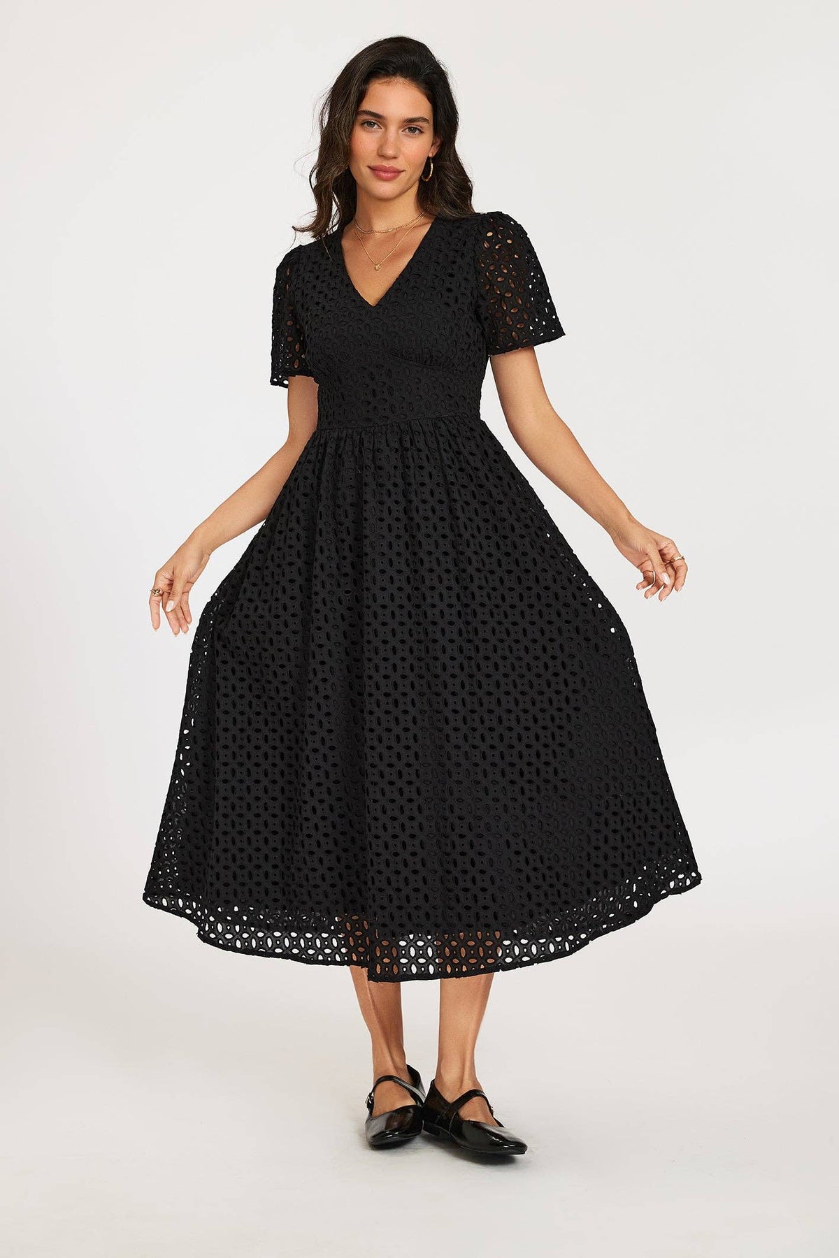 Midi dress with embroidery in black