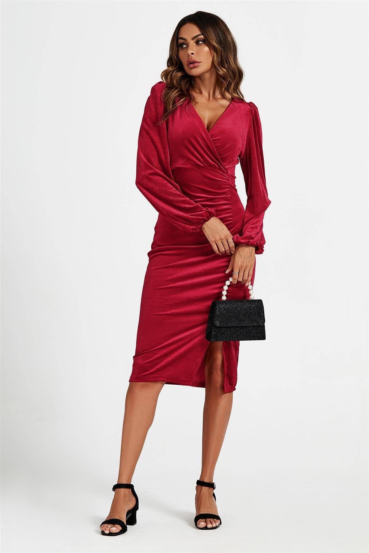 Velvet Wrap Top Midi Dress In Red