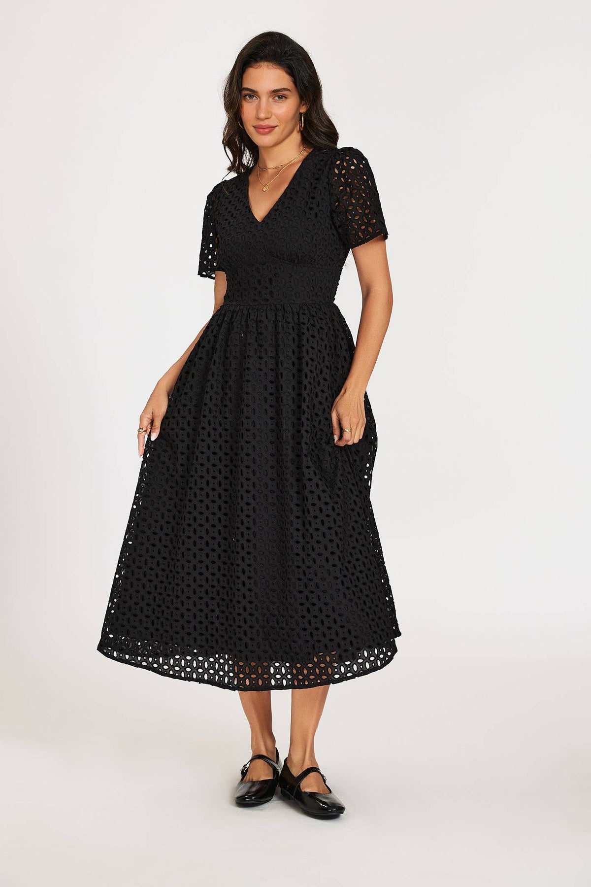 Midi dress with embroidery in black