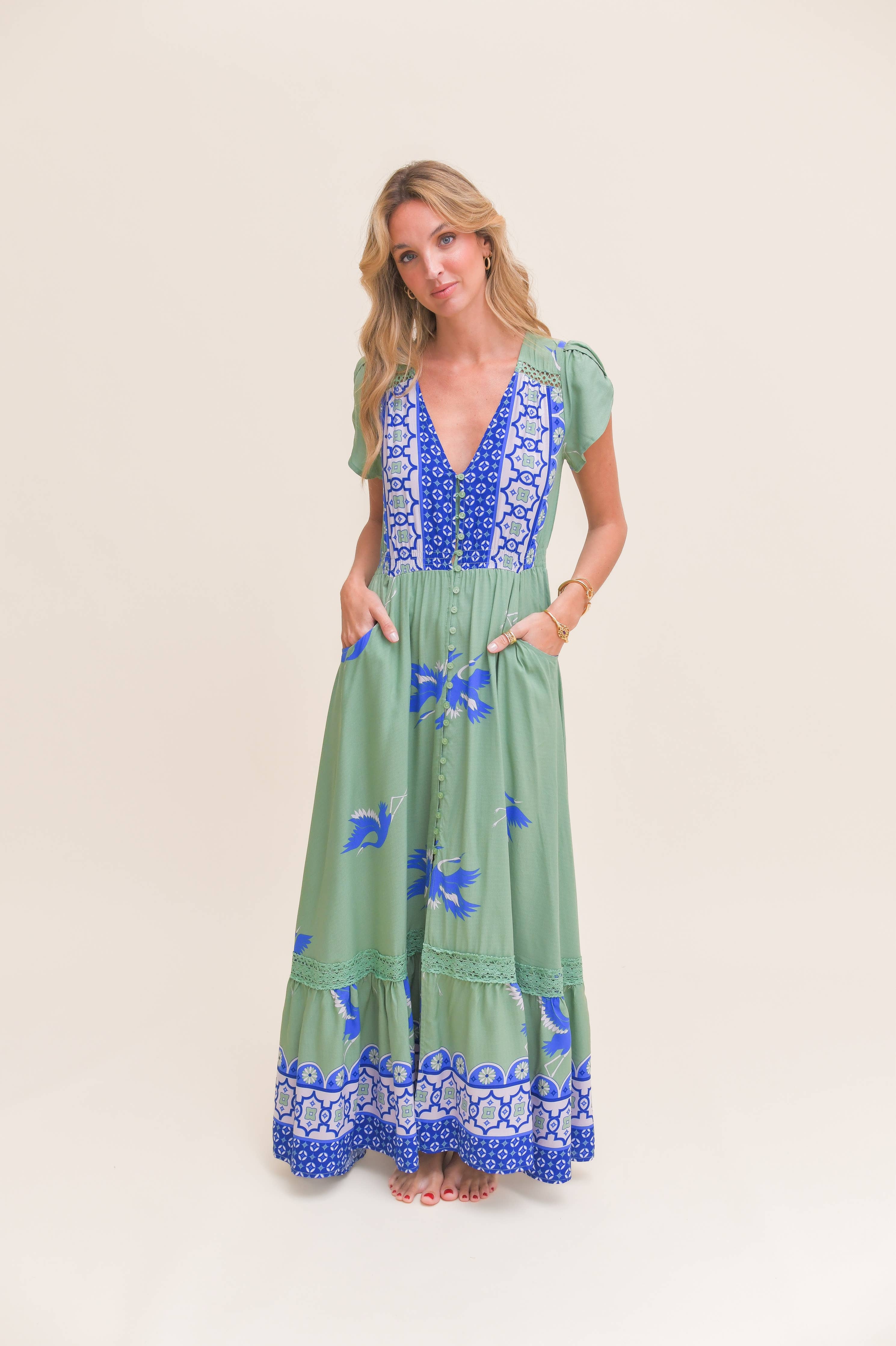 BLUE BIRD PRINT CARMEN MAXI DRESS – nicali-boutique
