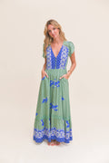 BLUE BIRD PRINT CARMEN MAXI DRESS