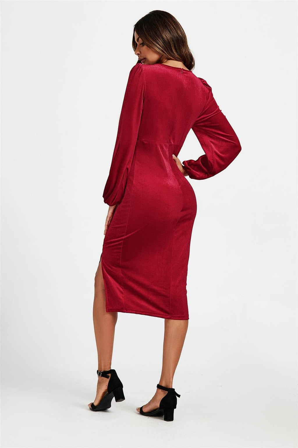 Velvet Wrap Top Midi Dress In Red