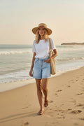 High-waisted stretch denim mid-thigh long shorts