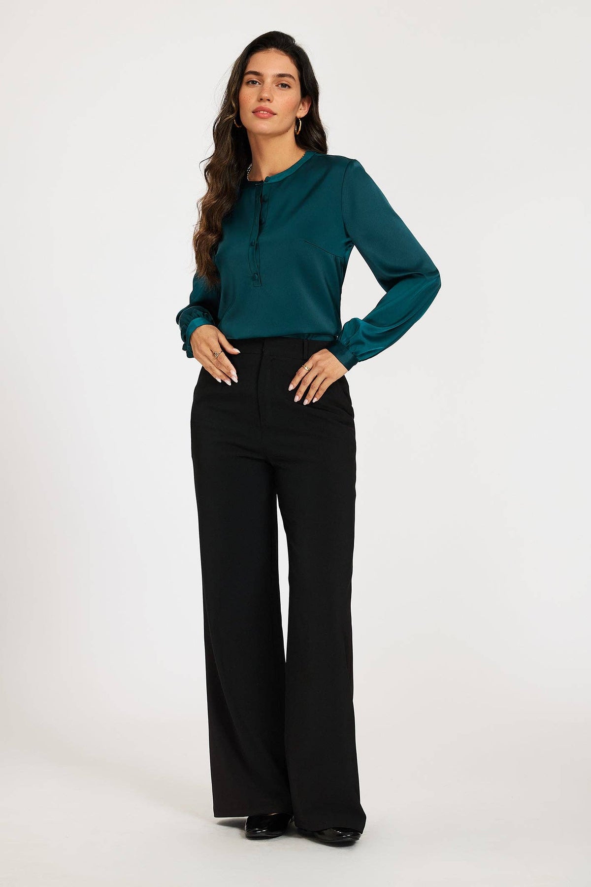 Satin blouse with stand-up collar and button placket Teal