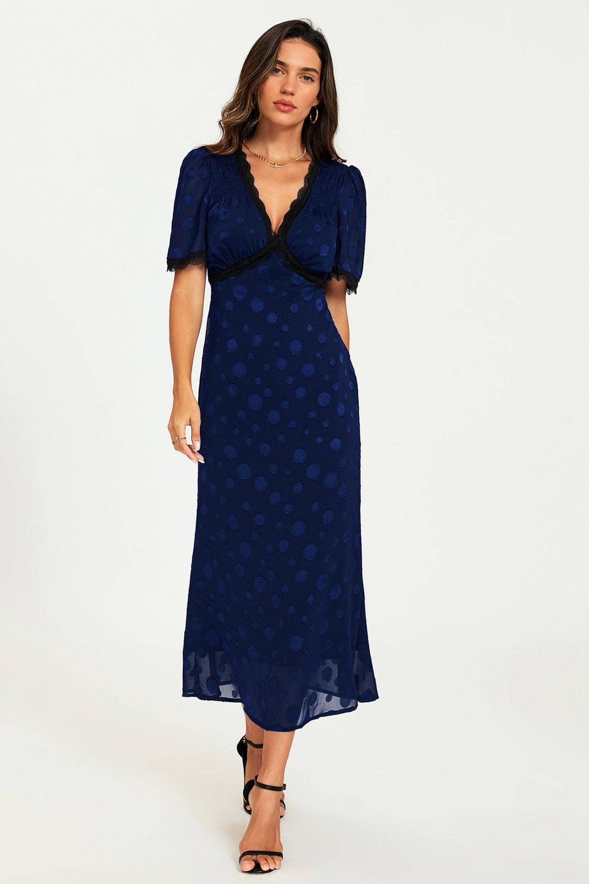 Dress with Polka Dot Jacquard in Navy