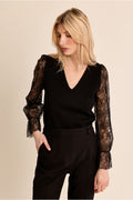 Lace sleeved knitted top in black