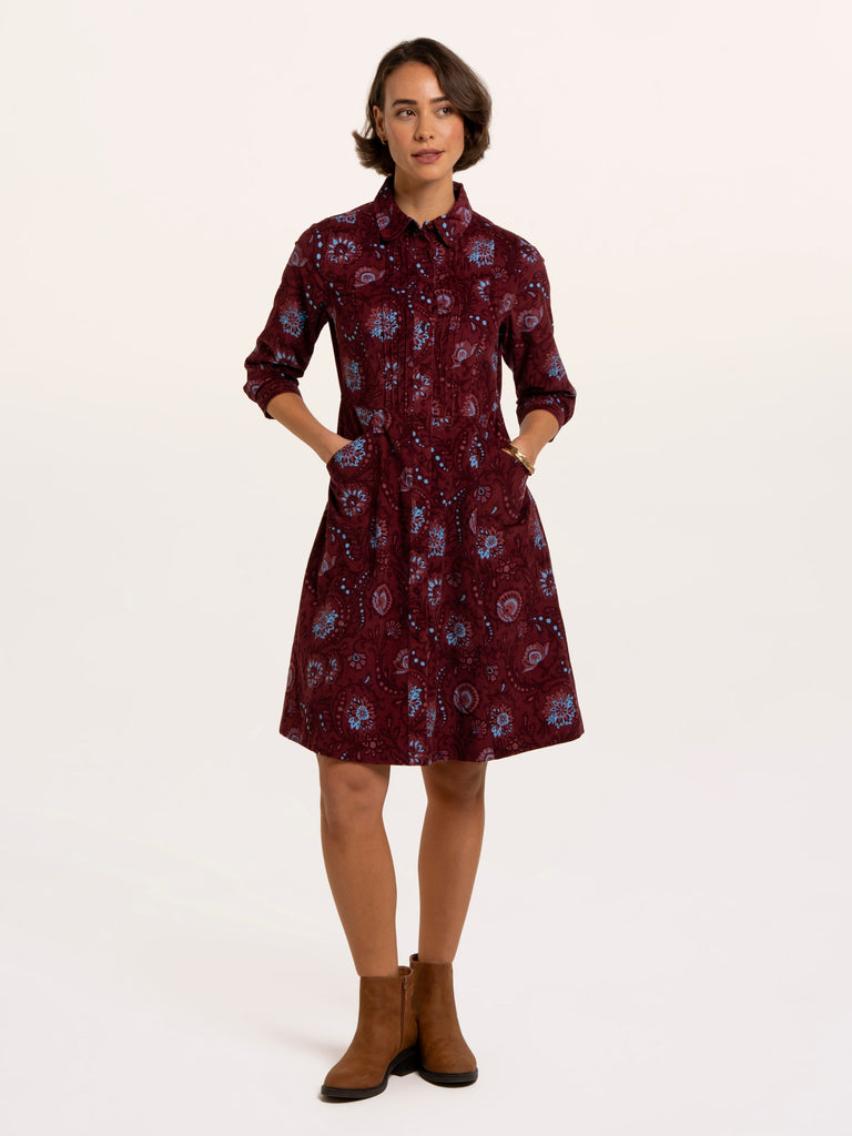 Soft baby cord dress in burgundy