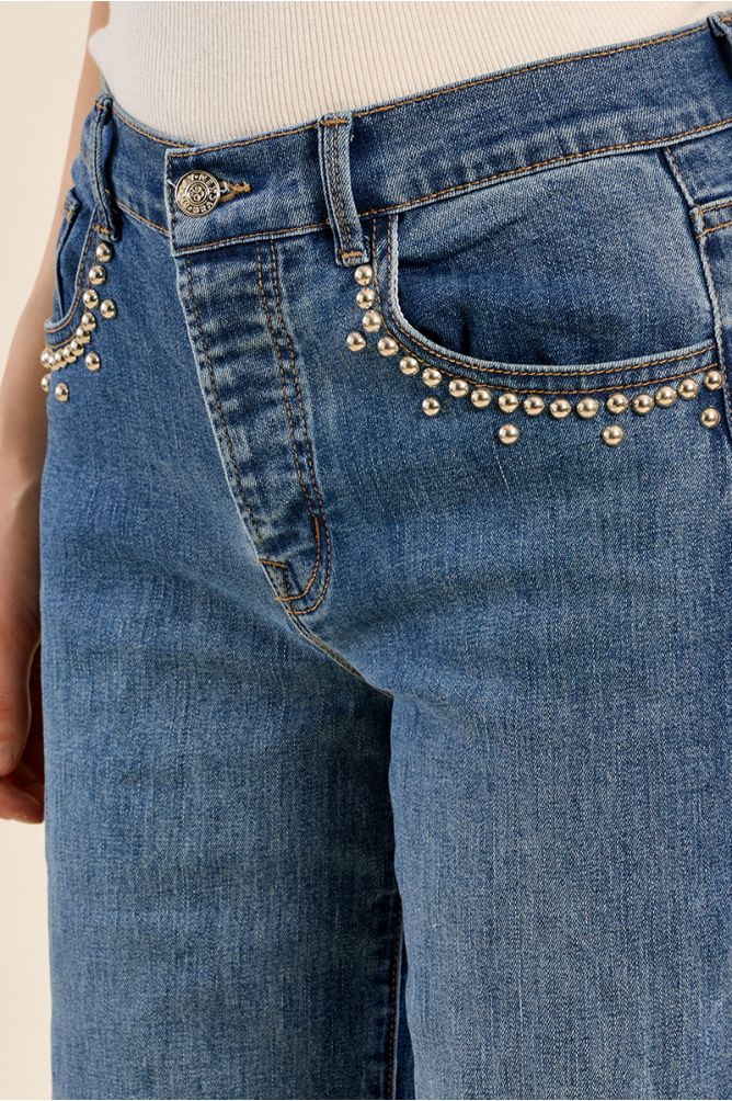 Studded denim wide jeans