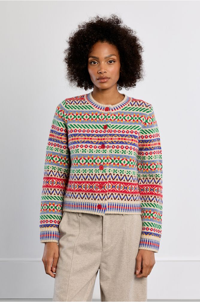 Knitted cardi in tybetan pattern multi red