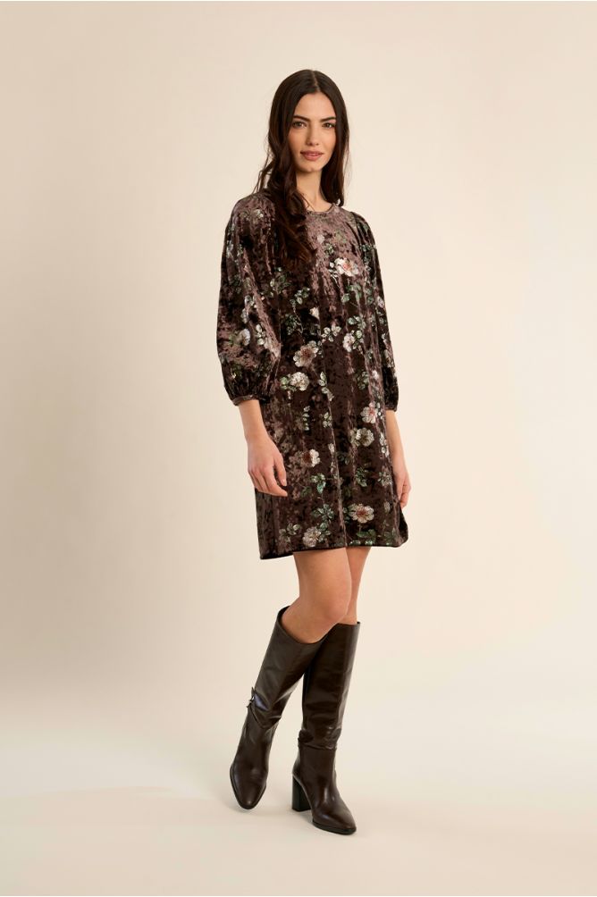 Velvet brown dress with floral motif