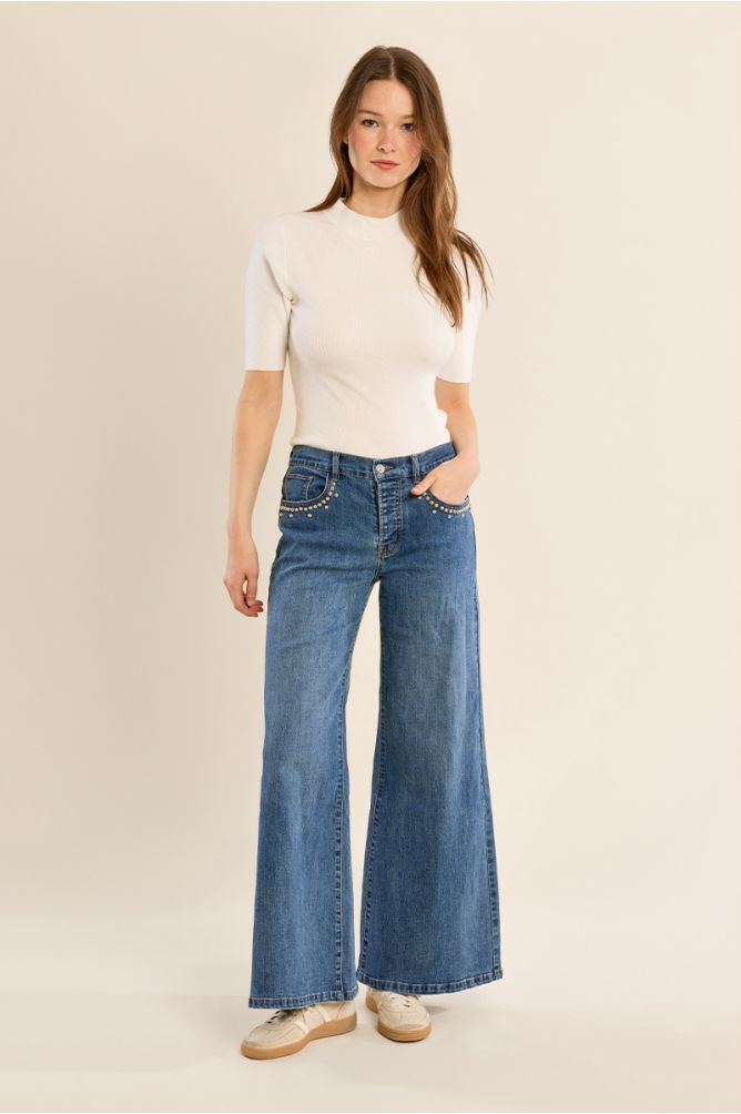 Studded denim wide jeans