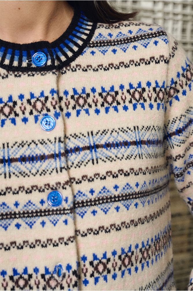 Knitted cardi tybetan pattern blue multi