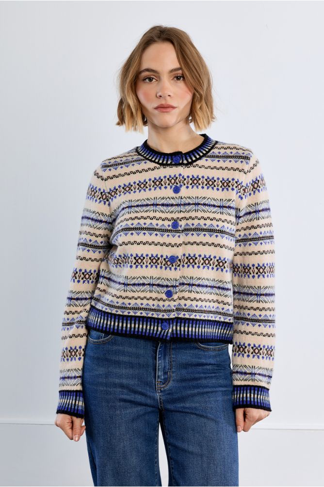 Knitted cardi tybetan pattern blue multi